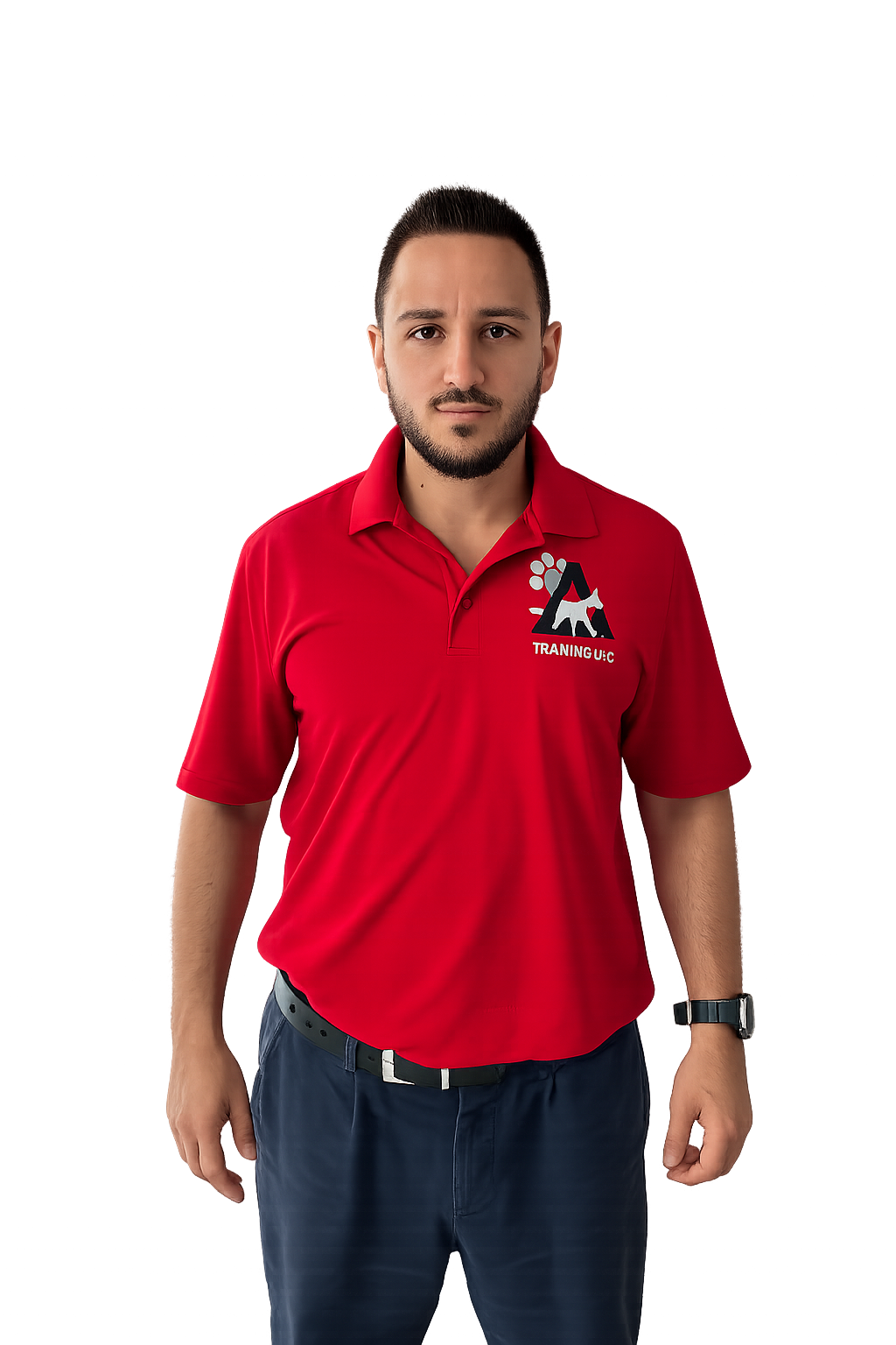 Kevin Abello, owner and head trainer at Abello's Dog Training, in a red branded polo shirt.