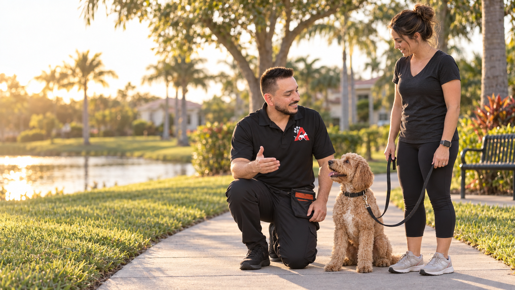 Juan José Abello coaching a dog owner and her dog during an outdoor training session in Weston, Florida