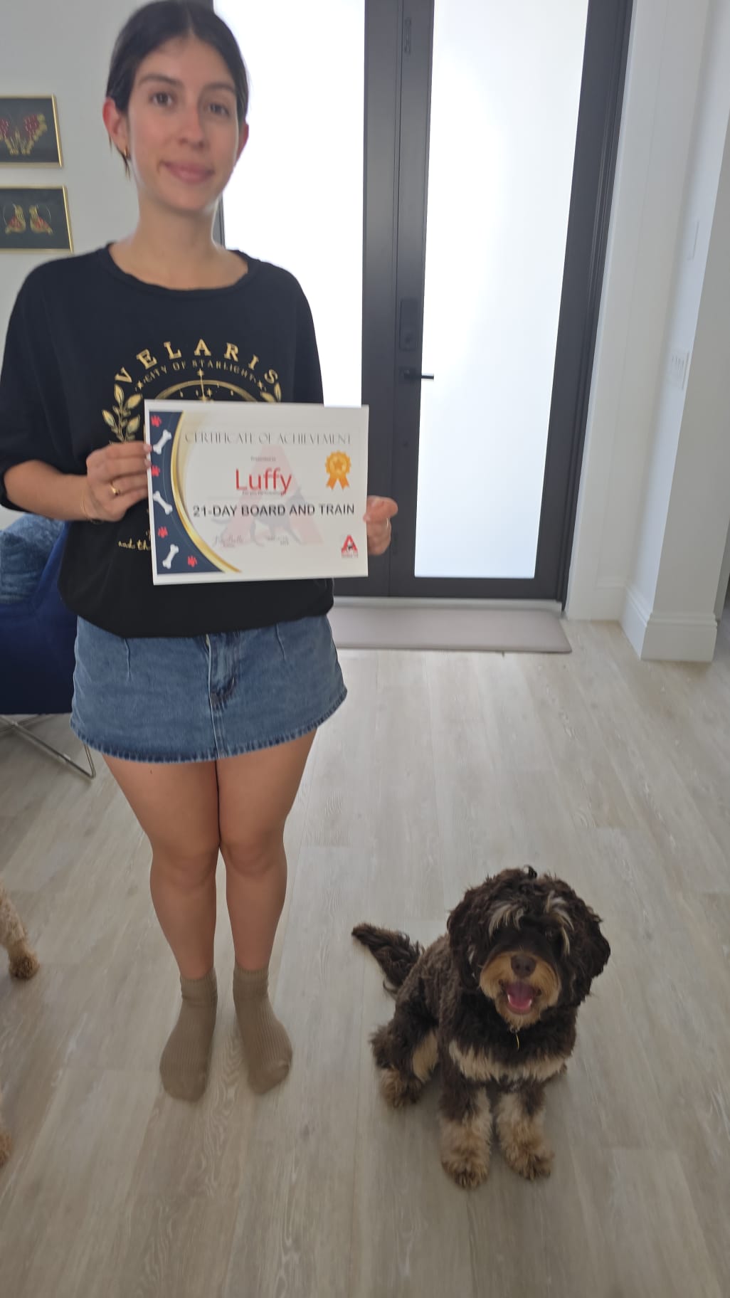 A client holding Luffy's 21-Day Board and Train certificate indoors with her dog sitting happily in front of her.