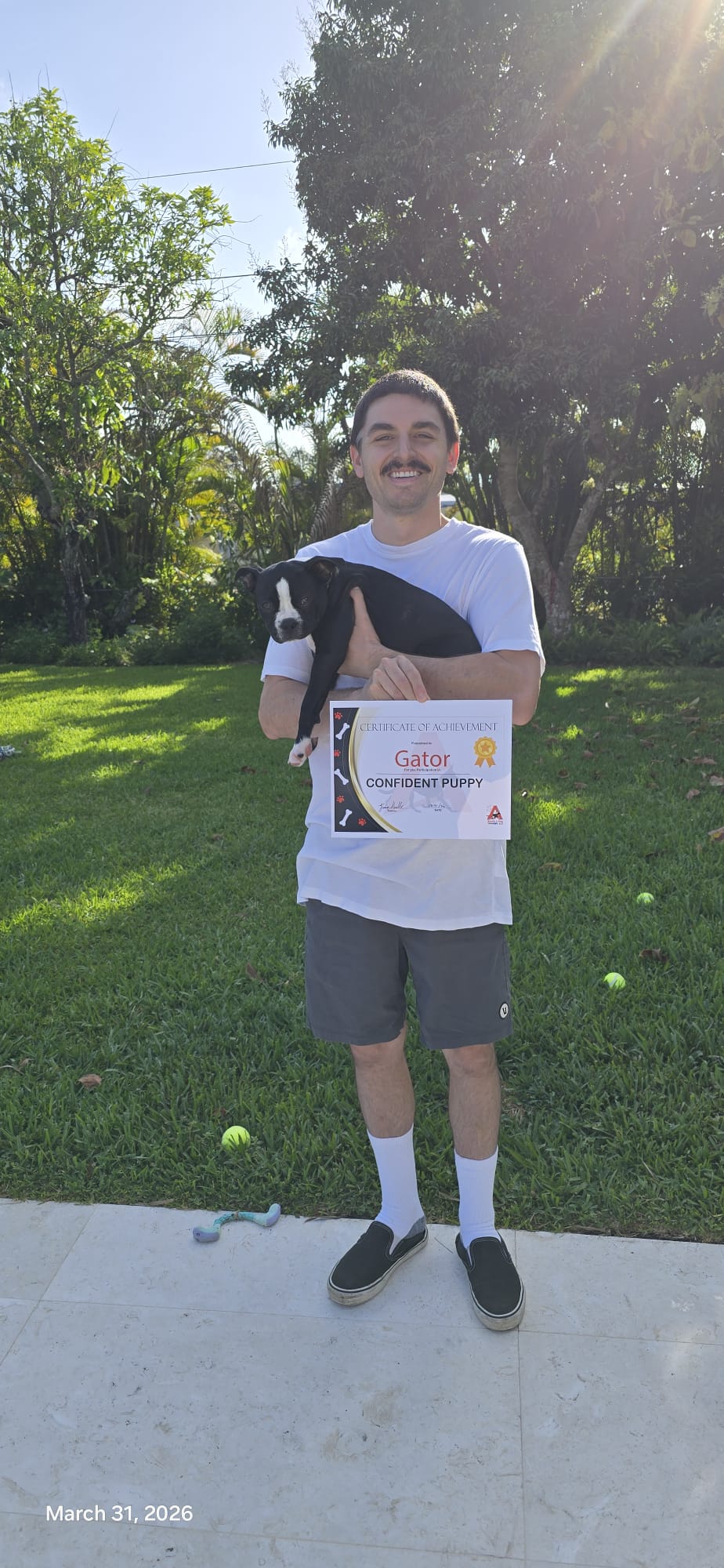 A client standing in the yard holding his Boston Terrier puppy Gator and the Confident Puppy certificate.