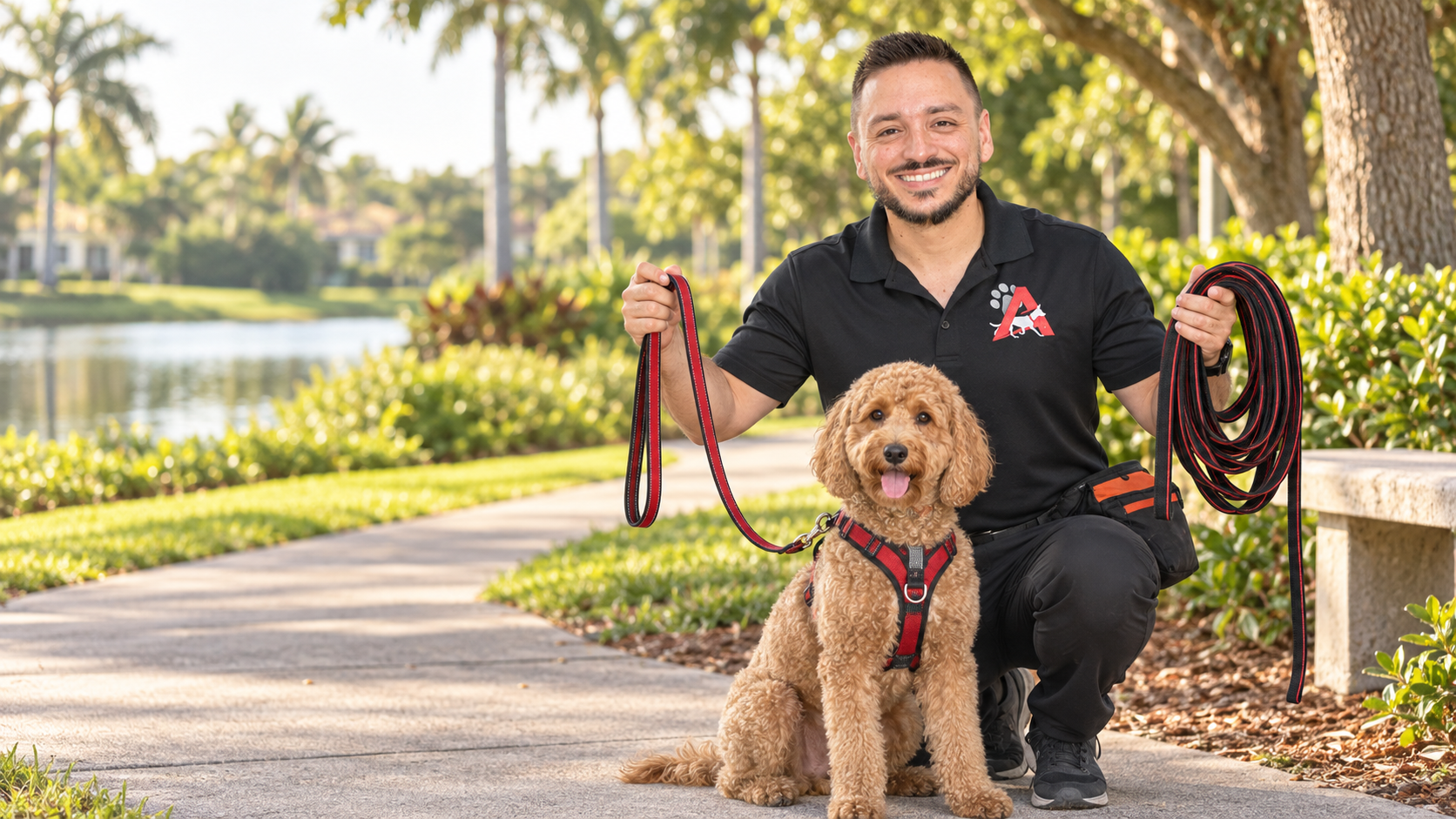 Juan José Abello holding a standard leash and a long line beside a dog in Weston, Florida