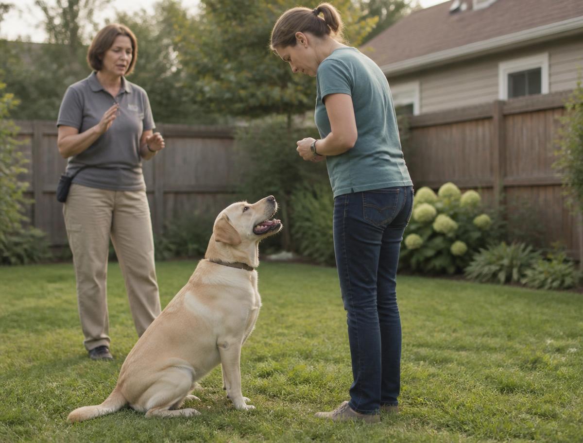 A dog owner practicing obedience with a Labrador in a backyard while a trainer coaches nearby.